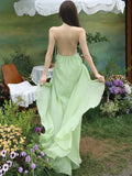 Nukty Elegant Green Halter Sleeveless Womens Dresses French Spaghetti Strap Backless Party Long Dress Summer Spring Casual Beach Robe
