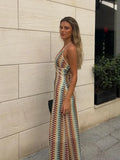 Nukty Women Colorful Printing Crochet Knit Long Dress Sexy Deep V-neck Backless Sleeveless Bodycon Robe Lady Vocation Dresses