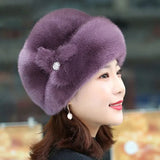 Nukty Winter Hat Russian Flower Decor Thickened Luxury Keep Warm Solid Color Autumn Winter Thermal Middle-aged Women Cap For Outdoor