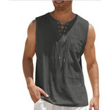 Nukty Men Summer Tank Top Sleeveless T-Shirt Lace-up Design Solid Color Shirt Loose Fit Vest Daily Vest Men Clothing