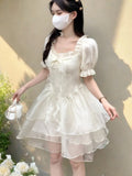 Nukty Sweet Princess Fairy Mini Dress for Women Korean Short Sleeves Ruffles Birthday Party Dresses Summer Chic Short Vestidos New