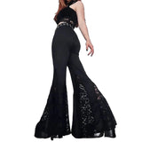 Nukty Solid Lace Patchwork Flared Bottom Trousers Gothic Black Flared Pants Breathable Stretch Flared Bottom Punk Pants