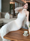 Nukty Fashion Sexy Halter Pleated Party Dress for Women Vintage Elegant Autumn Strapless Birthday Ladies Bodycon Split Vestidos Mujer