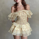 Nukty Off Shoulder Sexy Floral Print Mesh Bow Fashion A-line Bodycon Pleated Mini Dress Summer New Sweet Cute Party Vestidos