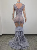 Nukty Sexy Rhinestones Transparent Long Feather Dress Birthday Celebrate Outfit Evening Women Dance Show Costume Dress Liantiyumao