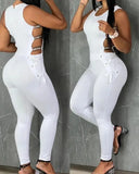 Nukty Women Jumpsuit Summer Fashion Letter Pattern Sleeveless Sexy Ladder Cutout Round Neck Skinny Daily Long Jumpsuit Streetwear