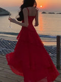 Nukty Elegant Spaghetti Strap Sleeveless Ruffles Dresses Waist Cinched Gown Coastal Outfit Women's French Lace Halter Neck Long Dress