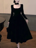 Nukty Autumn Winter Black Velvet Midi Dress Women France Vintage Long Sleeve Square Collar Birthday Party A-Line Vestidos Female Robe
