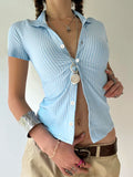 Nukty  Blue Stripe Short Sleeve Shirts For Women Button Up Turn Down Collar Slim Simple Casual Preppy Tops Basic Summer Tees