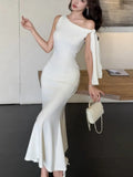 Nukty Summer Solid Mermaid Long Dresses for Women French Fashion Diagonal Collar Bodycon Party Dress Slim Vestidos Female Clothing New