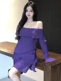 Nukty Women French Sexy Fairy Mini Dress Autumn Spring Purple Slash Neck Flare Long Sleeve Female Evening Party Prom Vestidos Outfits