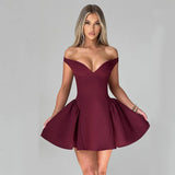 Nukty Solid Off Shoulder V-neck Backless Sleeveless Mini Dresses Sexy Zipper High Waist Bodycon Dress Evening Women Vestidos
