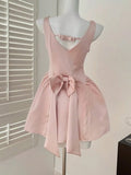 Nukty Pink Elegant Bow Fashion Sweet Princess Mini Dress Sleeveless Birthday Party Backless Graduation Women's Dresses Summer New