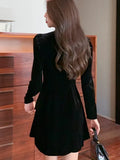 Nukty Elegant Solid Velvet Dresses for Women V-neck Long Sleeve A-line French Mini Dress Party Evening Autumn Casual Vestidos Mujer