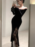 Nukty Women's Sexy Black Velvet Dress Elegant Chic Off Shoulder Lace Split Evening Party Dresses Autumn Female Bodycon Vestidos Mujer