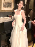 Nukty White Elegant Fairy French Sling Dress For Woman Summer Mesh Ball Gown Square-Collar Slim Fit Skirt Party Evening Dress