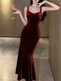Nukty Vintage Elegant Wine Red Long Mermaid Dresses Fashion Women's V-Neck Solid Slim Wasit Evening Party Sling Robe New Summer