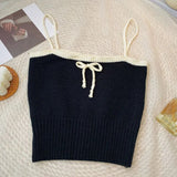 Nukty Women Sexy Knitted Patchwork Crop Tops Spaghetti Strap Tank Top Off Shoulder Sleeveless Solid Camis For Women Summer