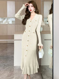 Nukty Solid Knitted Dresses for Women Autumn Single Breasted Chic Flared Sleeve Ruffles Hem Casual Female Office Elegant Robes