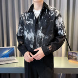 Nukty Summer Fashion White Mesh Shirt  Men Transparent Printing Casual Loose Long Sleeve Tops Streetwear Lapel Party Clubwear Tops