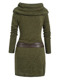 Nukty Daily Fashion Slim Hooded Cowl Neck Long Knit Top Thumb Hole Full Sleeve Belted Long Knitted Tees For Women