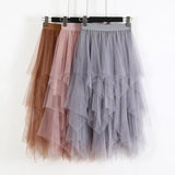 Nukty Women High Waist Ruffles Mesh Long Tulle Skirt Irregular Hem Mesh Tutu Skirt Lady Elegant Solid Party Gown Skirt