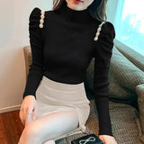 Nukty Pearls Puffe Sleeve Knit Sweater Women Autumn Winter Pleated Slim Fit Knitwear Woman Half High Neck Pullovers Female