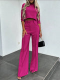 Nukty Elegant Women Letter Print Two Piece Sets Autumn O Neck Short Top & Wide Leg Pants Outfits Office Lady Casual Streetwear Suits