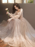 Nukty DRESS TO IMPRESS French Style Square Collar Long Sleeve Long Evening Dress Beading Sequined Prom Dresses Lace Up Tulle Wedding Party Gowns