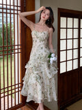 Summer Floral Chiffon Midi-dresses Women Sleeveless Spaghetti Strap Backless Ruffle Dress Elegant Casual Party Ladies Dresses