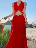 Nukty Sexy Red Skirts Suits Elegant Halter V-neck Short Top + Casual High Waist A-line Long Skirt Womens Two Pieces Set Woman Clothing