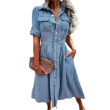 Nukty Vintage Single-breasted Cardigan Dresses Women Chest Double Pocket Decoration Denim Dressy Female Elegant Comfortable Slim Gown