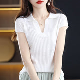 Nukty Spring and Summer New Cashmere Sweater Polo collar Women's Short sleev Knitted Sweater Loose Thin Pullover Short-Sleeved