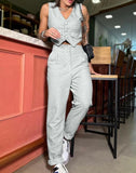 Nukty Two Piece Set Women Outfit Summer Fashion V-Neck Buttoned Sleeveless Vest Top & Casual High Waist Pocket Daily Pants Set