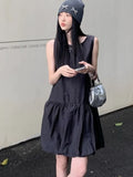 Nukty Summer Elegant Korean Solid Short Women's Dress Sweet Sleeveless O-Neck Loose-Fit Causal Office Lady Ball Gown Mini Skirt
