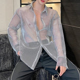 Nukty Transparent Mesh Shirt Hollow Out Jacket Personality Breathable Youth Fashion Long Sleeve Tops Men Lapel Party Clubwear