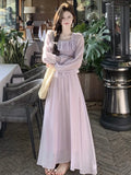 Nukty Elegant French Romantic Ruffles Chiffon Purple Women's Dresses Square-Collar Slim Wasit Long Sleeves  korean Dress Vacation New