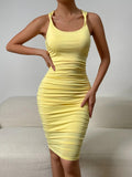 Nukty Sexy Sleeveless Bodycon Midi Dress Women Square Neck Elegant Wrapping Dresses Slip Party Club Pleated Wear