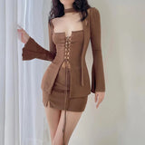 Nukty Vintage Chic Knitted Brown Skinny Mini Women Dresses Drawstring Corset Elegant Party Dress Flare Sleeve Slim Outfits