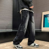 Nukty Men Star Embroidery Straight Casual Jeans Male New Fashion Straight Wide Leg Loose Hip Hop High Street Baggy Denim Trousers