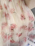 Nukty Summer White Mesh Fairy Dress Woman French Vintage Floral Print Princess Prom Dresses For Women Beach Holiday Maxi Dresses