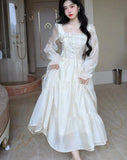Nukty French Elegant Solid Fairy Dress for Women Korean Sweet Long Sleeve Birthday Party Clothes Spring Summer Casual A-line Vestidos