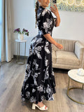 Nukty Women Floral Print Long Dress Summer Casual  Turn-down Collar Half Sleeve Loose Big Swing Dress Female Vintage  Beach Maxi Dress