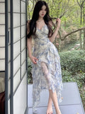 Nukty Sweet Ruffles Print Long Dresses Elegant Spaghetti Strap V-neck Princess Birthday Party Midi Dress Summer Fairy Chic Vestidos