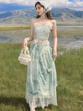 Nukty Summer Sweet Ruffles Fairy Skirt Suits Elegant Lace Patchwork Sleeveless Top Casual Long Skirt Womens Two Pieces Set New Outfits