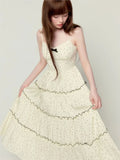 Nukty Sweet Gentle Style Polka Dot Print Long Camisols Cake Dresses Women's Summer Spliced Lace V-neck Sleeveless Bow Suspender Dress