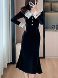 Nukty Women's Velvet Midi Dress Autumn Patchwork Long Sleeve High Waist Mermaid French Vintage Evening Party Prom Robe Vestidos New