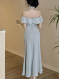 Nukty Sexy Solid Off Shoulder Mermaid Dresses Summer Slim Waist Vestidos Mujer Elegant Ruffles Slash Neck Bodycon Evening Party Dress