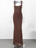Nukty Elegant Bead Mesh Patchwork Long Dress For Women Backless O-neck Sleeveless Slim Robes Shiny Party Club Sexy Dresses