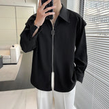 Nukty Fake Two Piece Solid Zipper Chic Shirt Turn-down Collar Handsome Long Sleeve Shirts Man Streetwear Casual Men's Clothing